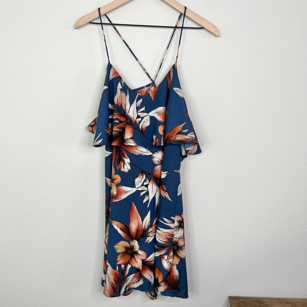 Illa Illa Blue Orange Floral Dress Spaghetti Strap Cross Back Size Small